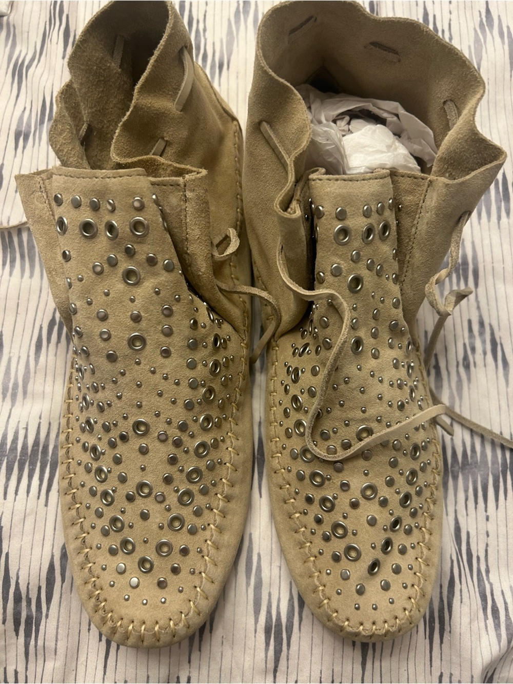 NEW- ZARA Studded Suede Lace-Up Ankle Moccasins -  cream suede / silver studs